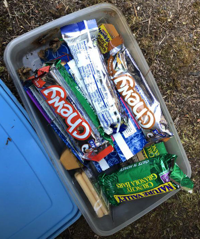 Plastic container filled with old candy bars and snacks, a bizarre thing found in an old house setting outdoors.