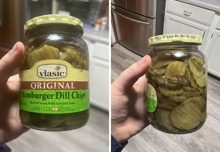 Hand holding a jar of Vlasic Original Hamburger Dill Chips with green label, shown from two angles in a kitchen.
