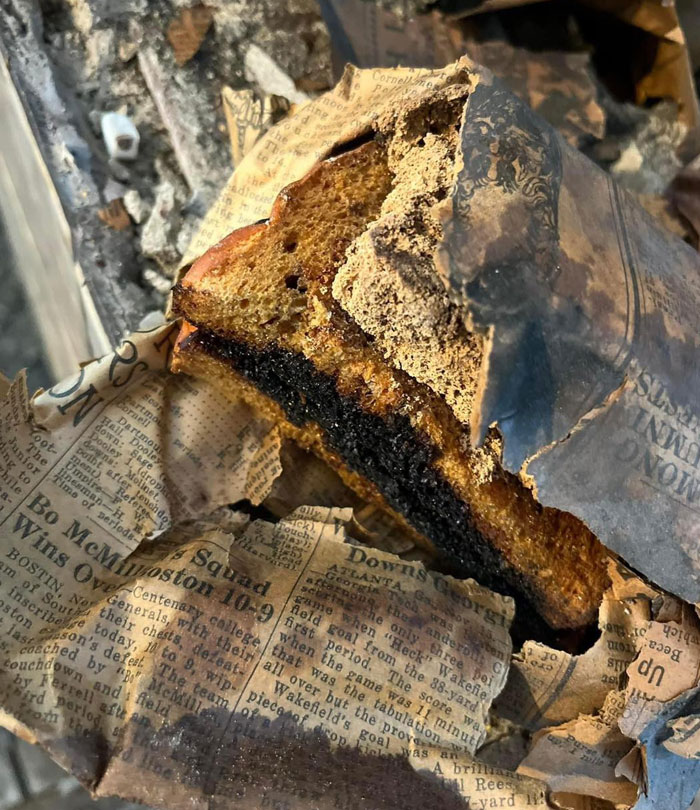 Burnt first prize string beans wrapped in old, charred newspaper found in an abandoned old house mystery.