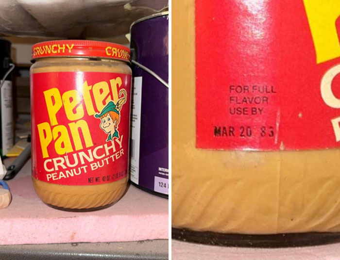 Old jar of Peter Pan crunchy peanut butter with an expired date, found among bizarre things in old houses.