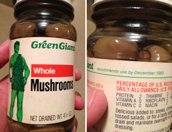 Vintage Green Giant whole mushrooms jar found in old houses, an unusual and baffling discovery.