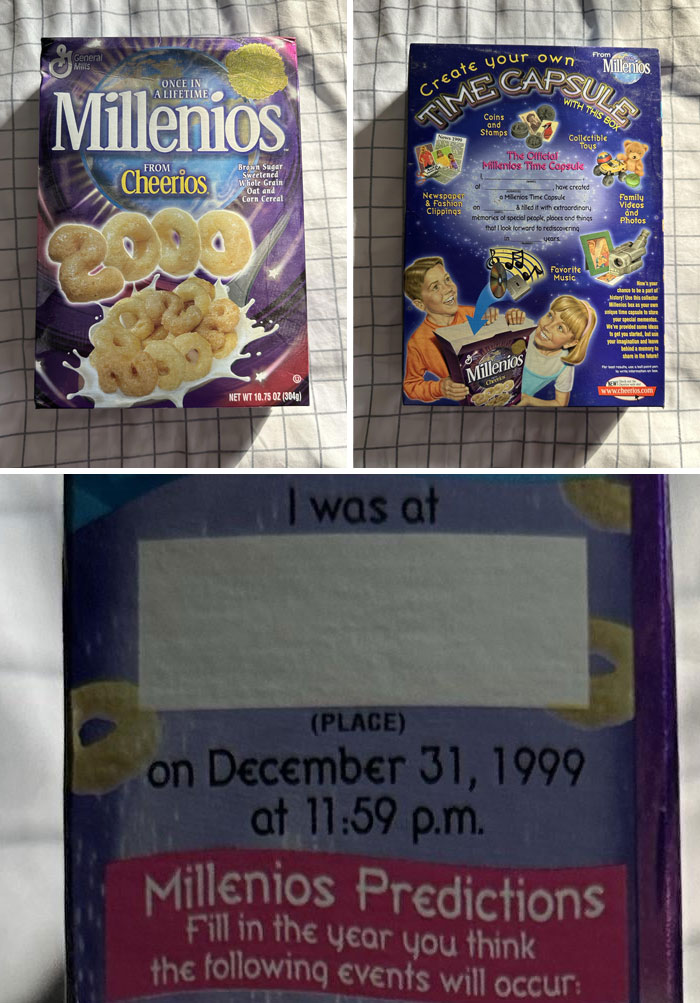Millenios cereal box from 2000 found in an old house, featuring a time capsule and year 2000 predictions.