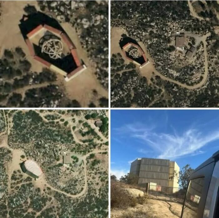 Aerial and ground views of an unusual remote building found on Google Earth, showcasing odd discoveries from satellite images.