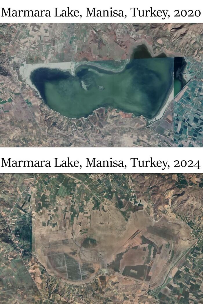 Satellite images showing Marmara Lake in Turkey drying up between 2020 and 2024, an odd discovery on Google Earth.