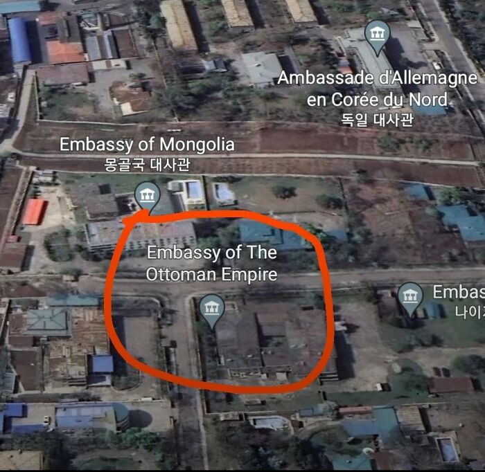 Aerial view of an odd embassy marked as the Ottoman Empire, found on Google Earth and highlighted in red circle.