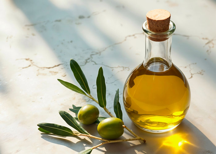 Bottle of olive oil with green olives and leaves on marble surface, related to food that burn fat better Ozempic.