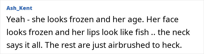 Fan comment criticizing appearance, mentioning frozen face, lips, neck, and use of airbrushing on &rsquo;90s megastar Whigfield.