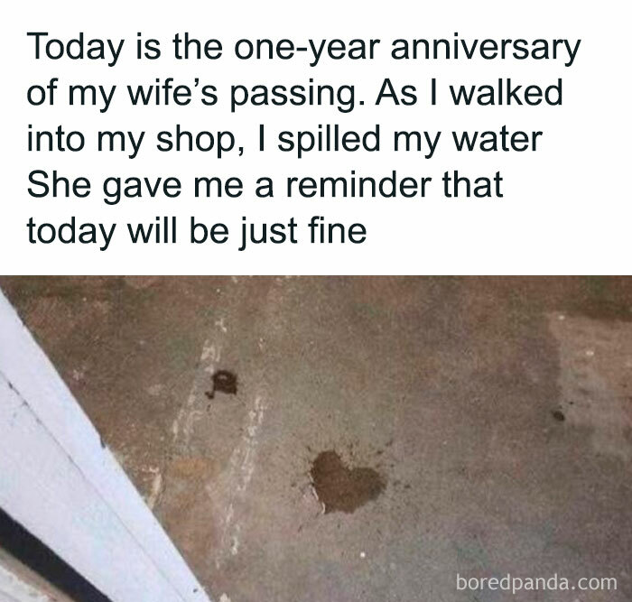 Spilled water forming a heart shape on the floor, offering a wholesome reminder for favorite people.