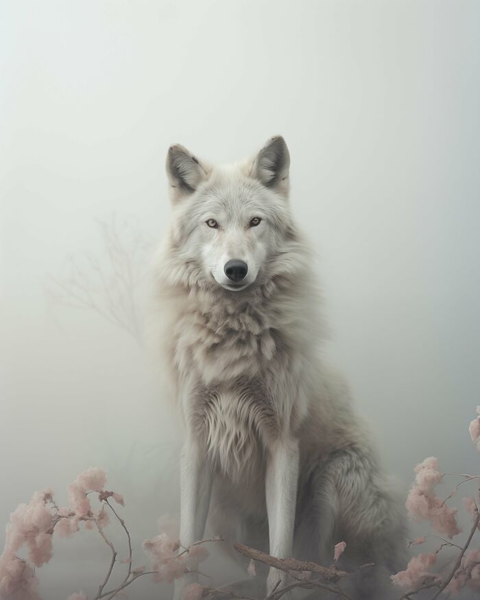 White wolf sitting calmly among pale natural surroundings, a beautiful but unsettling vision of the natural world.