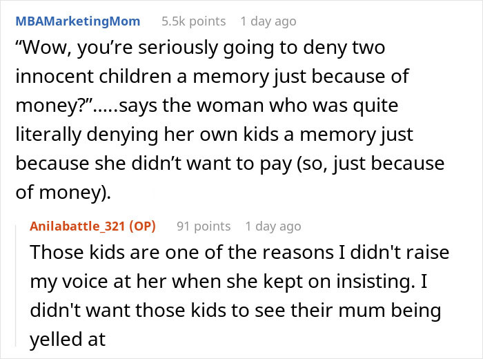 Screenshot of a Reddit conversation about an entitled mom interrupting a couple&rsquo;s photoshoot requesting free pictures of her kids.
