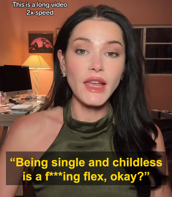 Woman speaking in viral clip urging others not to get married now, praising being single and childless as a flex.