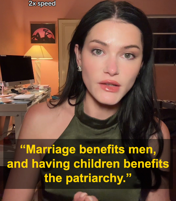 Woman speaking in viral clip urging others not to get married now, sparking massive praise and discussion on marriage benefits.