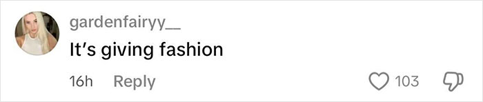 Comment on social media by user gardenfairyy saying It&rsquo;s giving fashion, with 103 likes and one dislike.