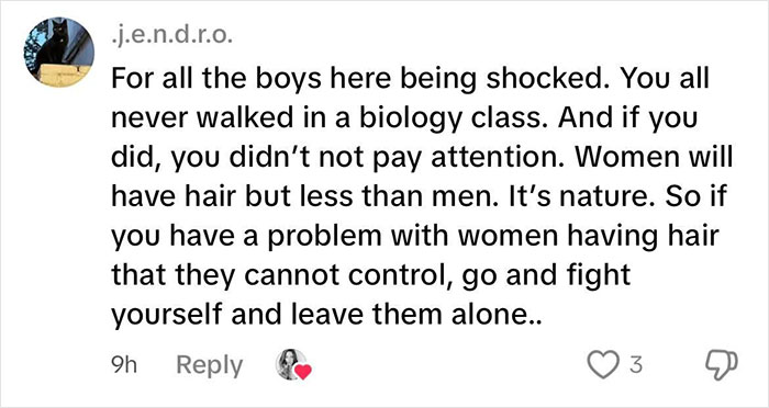 Comment from user explaining women naturally have less hair than men, addressing beauty stereotypes about female hair.