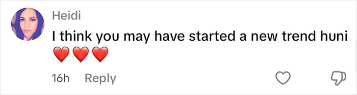 Comment from Heidi praising a woman who challenges beauty stereotypes with a mustache as a new trend with heart emojis.