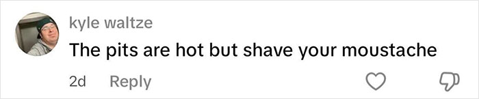 Screenshot of a social media comment about body hair, reflecting how a woman challenges beauty stereotypes with a moustache.
