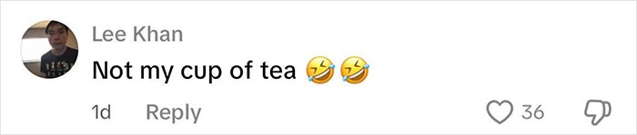 Comment by Lee Khan saying not my cup of tea with laughing emojis on a social media post about a woman challenging beauty stereotypes with a mustache.