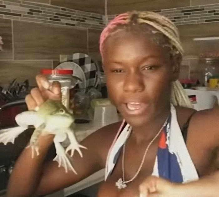 Woman holding a frog in a kitchen, facing legal consequences for animal cruelty caught on camera for social media likes.