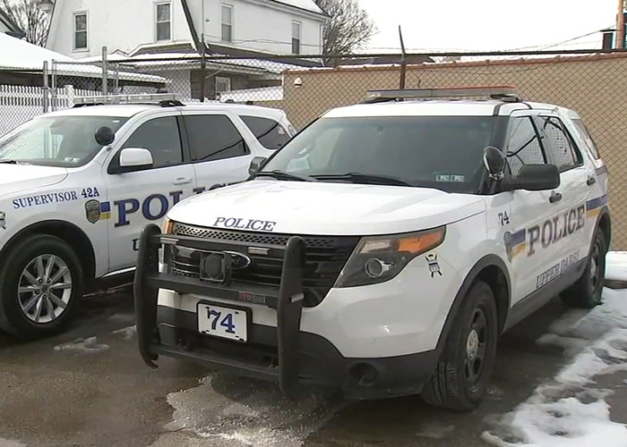 Police cars parked outside a building, related to a case of an evil woman facing prison for animal torture.