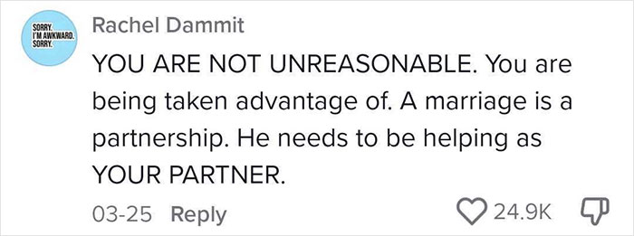 Comment on social media discussing marriage partnership and defending wife against unreasonableness claims in online debate. Comment on social media discussing marriage partnership and defending wife against unreasonableness claims in online debate.