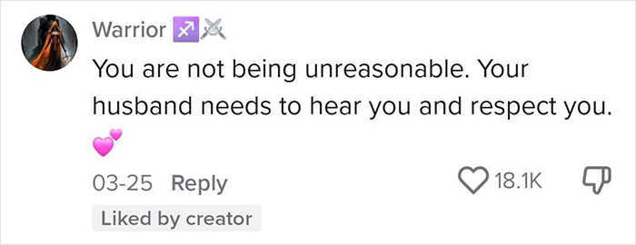 Comment from user Warrior supporting wife, stating husband should hear and respect her, with 18.1K likes. Comment from user Warrior supporting wife, stating husband should hear and respect her, with 18.1K likes.