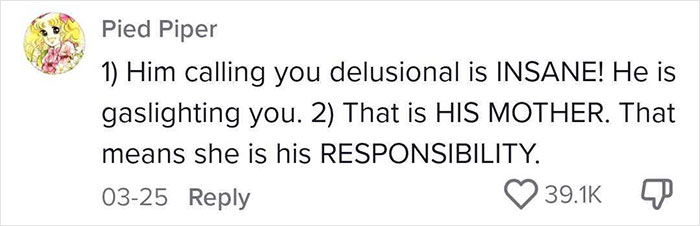 Screenshot of an online comment defending wife against husband calling her delusional and ignoring responsibility for his mom. Screenshot of an online comment defending wife against husband calling her delusional and ignoring responsibility for his mom.