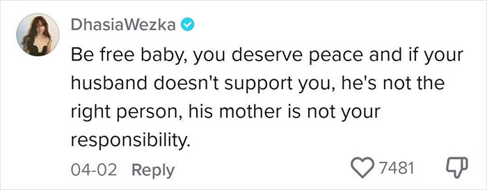 Screenshot of a social media comment defending a wife against claims of not supporting her husband's mom, emphasizing peace and boundaries. Screenshot of a social media comment defending a wife against claims of not supporting her husband's mom, emphasizing peace and boundaries.