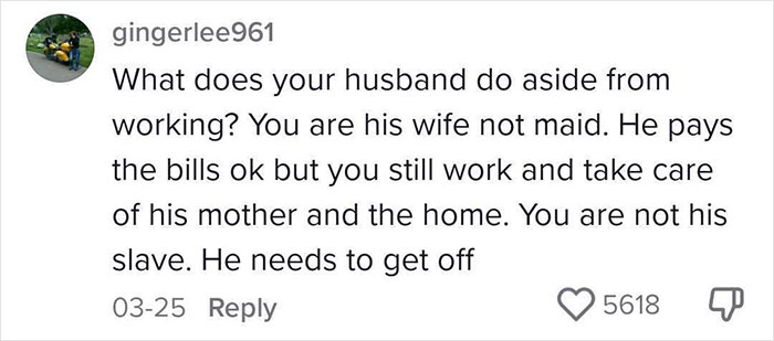 Social media comment defending wife’s role, addressing claims she does nothing for husband’s mom in online argument. Social media comment defending wife’s role, addressing claims she does nothing for husband’s mom in online argument.