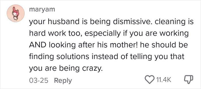 Comment from Maryam defending wife against husband’s dismissive claim about caring for his mother and cleaning efforts. Comment from Maryam defending wife against husband’s dismissive claim about caring for his mother and cleaning efforts.