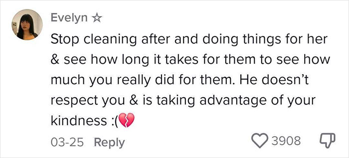 Comment advising to stop doing things for husband’s mom as he disrespects and takes advantage, relating to wife conflict online. Comment advising to stop doing things for husband’s mom as he disrespects and takes advantage, relating to wife conflict online.