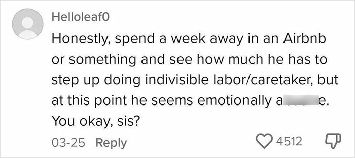 Comment expressing frustration over emotional abuse and caretaking duties in a husband-wife-mother dynamic online discussion. Comment expressing frustration over emotional abuse and caretaking duties in a husband-wife-mother dynamic online discussion.