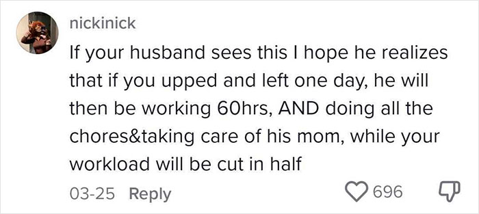 Comment about husband working 60 hours and doing chores while wife’s workload is reduced, discussing husband wife and mom care issues online. Comment about husband working 60 hours and doing chores while wife’s workload is reduced, discussing husband wife and mom care issues online.