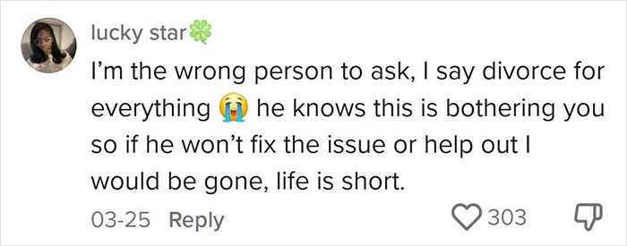 Screenshot of a social media comment about divorce and relationship issues related to a husband saying wife is delusional. Screenshot of a social media comment about divorce and relationship issues related to a husband saying wife is delusional.