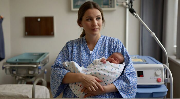 New mother in hospital gown holding newborn baby, representing hilariously bad baby names that cause parents to question choices.