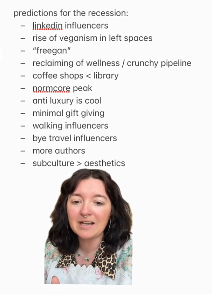 A woman sharing predictions for the US recession and new trends, discussing lifestyle and cultural changes.