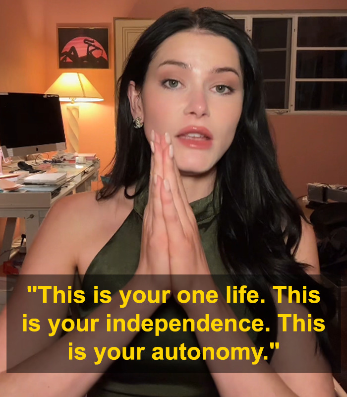 Woman speaking in viral clip urging women to value independence and autonomy, receiving massive praise online.