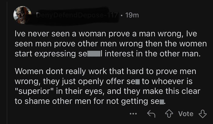 Screenshot of sexist online comment showing disrespectful views on women and men, highlighting sexist attitudes in men.