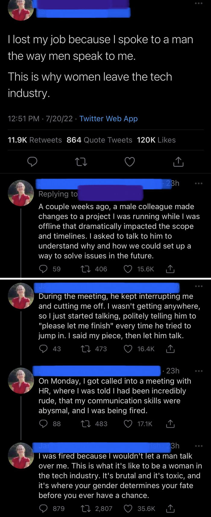 Twitter thread screenshot discussing sexism faced by a woman in tech, highlighting toxic gender dynamics and communication issues.