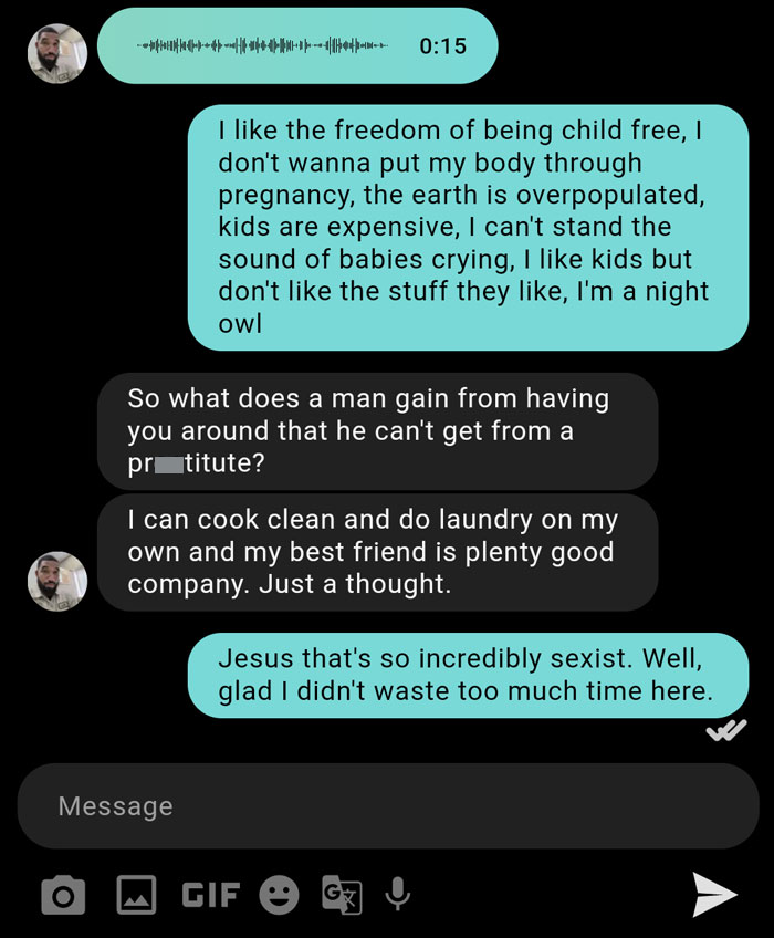 Text message exchange showing sexist remarks from a man, highlighting examples of men that are sexist near women.
