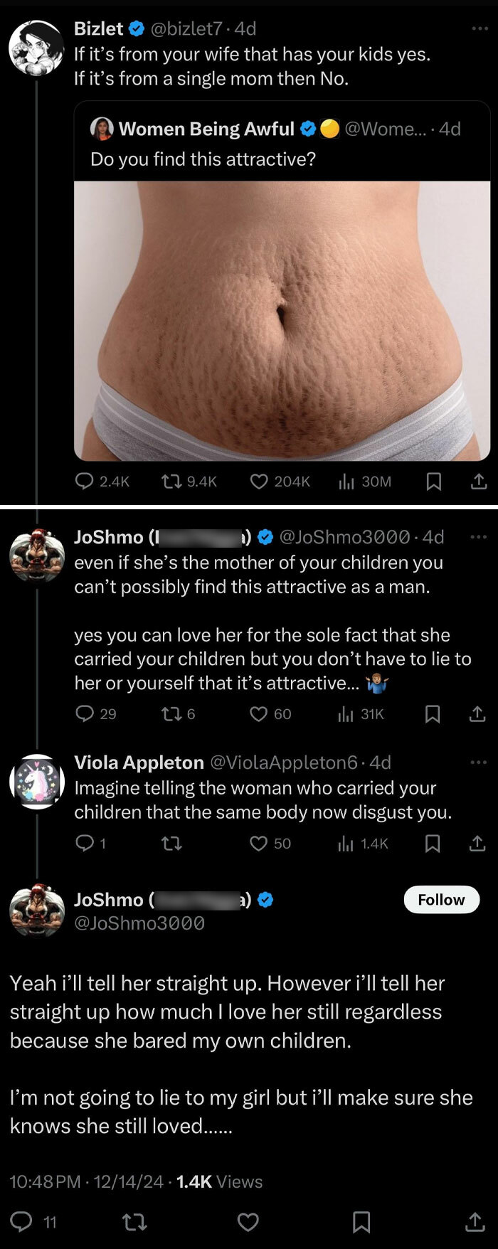 Twitter exchange about a woman's postpartum body with responses showing sexist attitudes from men.