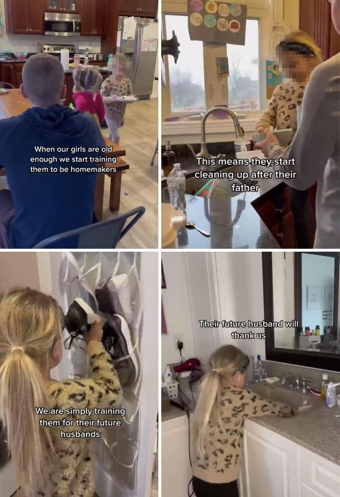 Scenes of sexist men training young girls as homemakers, reinforcing outdated gender roles and sexist behavior at home.