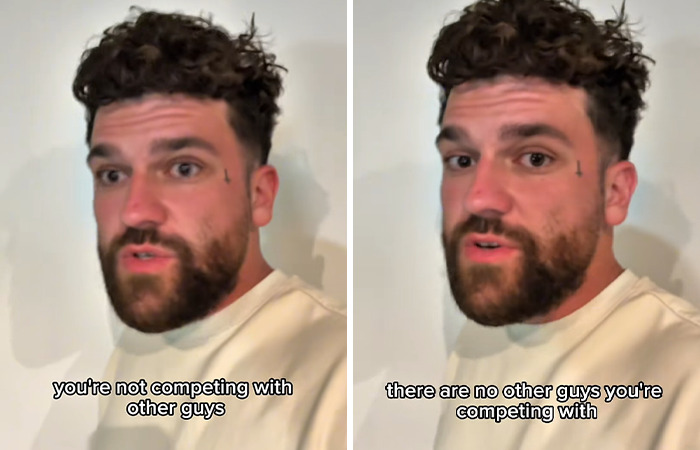 Man with curly hair and beard explaining why women love being alone with captions about competing with other guys.