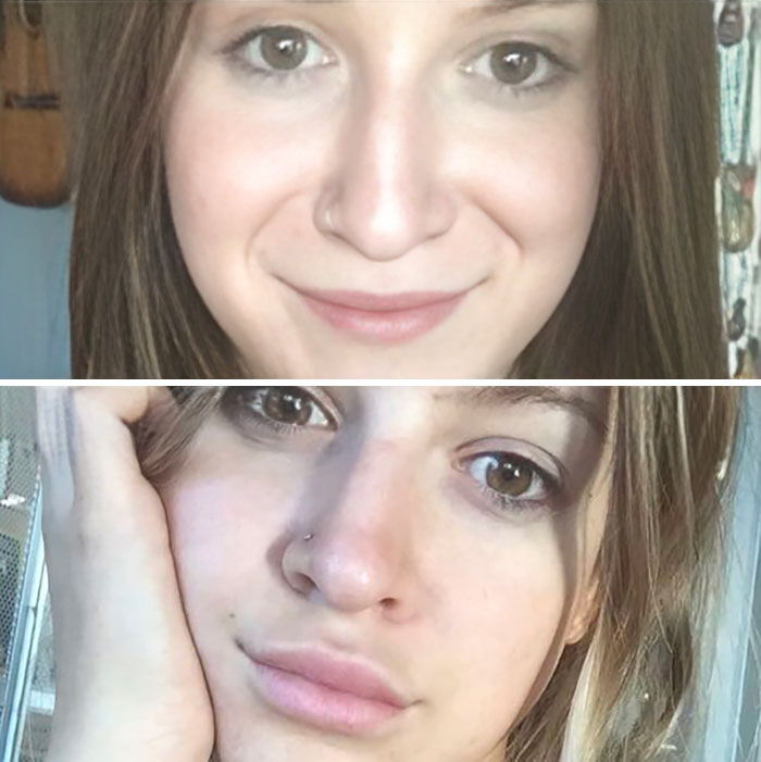 Close-up before and after photos of a woman showcasing small appearance changes shared by women that made a big difference.
