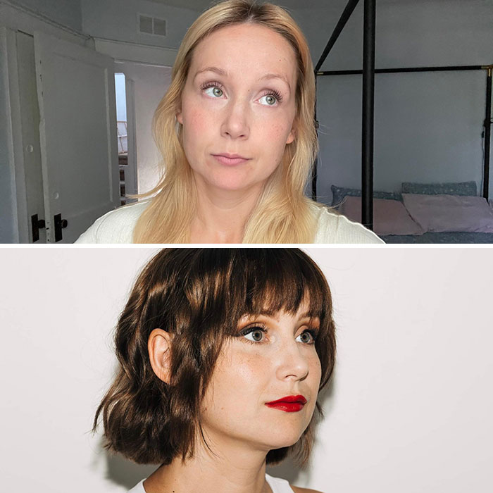 Two women showing small appearance changes with different hairstyles and makeup enhancing their looks.