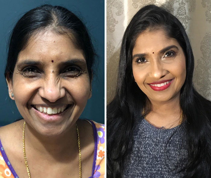 Side-by-side before and after photos of a woman showing small appearance changes that made a big difference.