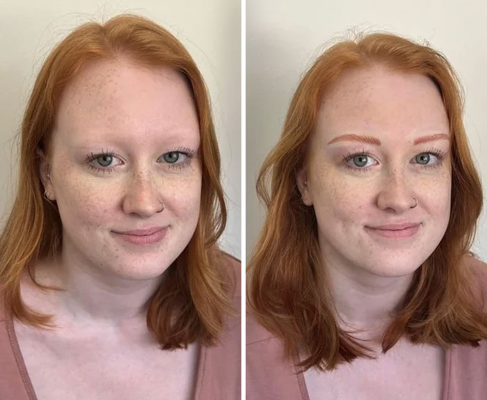 Red-haired woman showing small appearance changes with natural makeup enhancing her eyebrows and overall look.