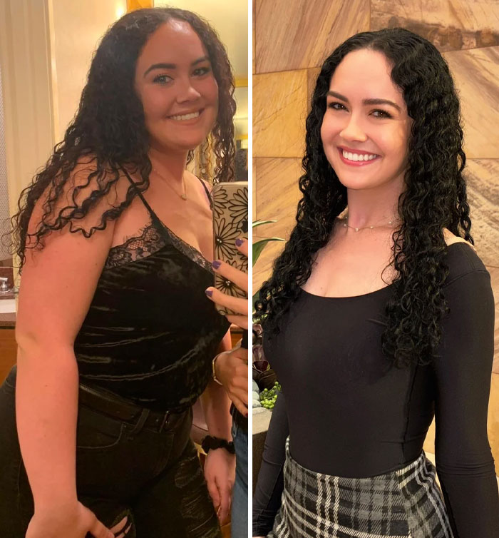 Before and after photos of a woman showing small appearance changes that made a big difference in confidence and style.