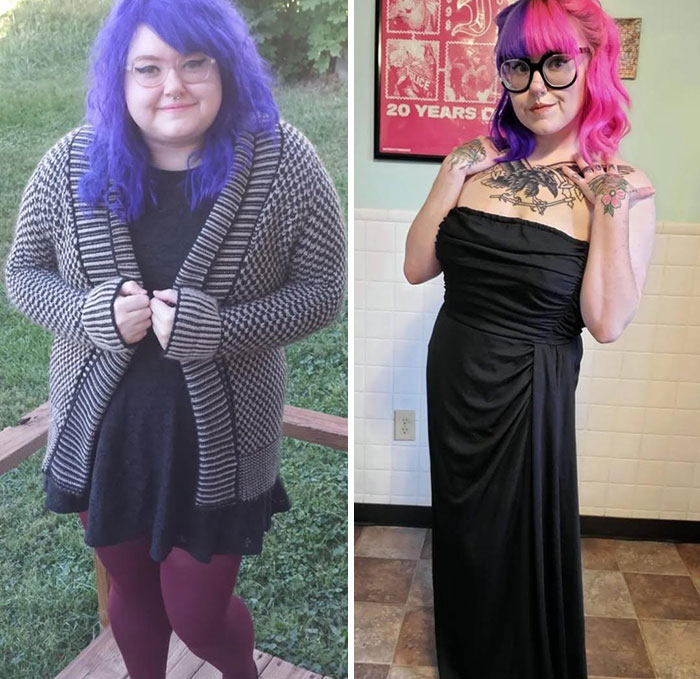 Woman showing small appearance changes with colorful hair and outfit style before and after transformation for confidence boost