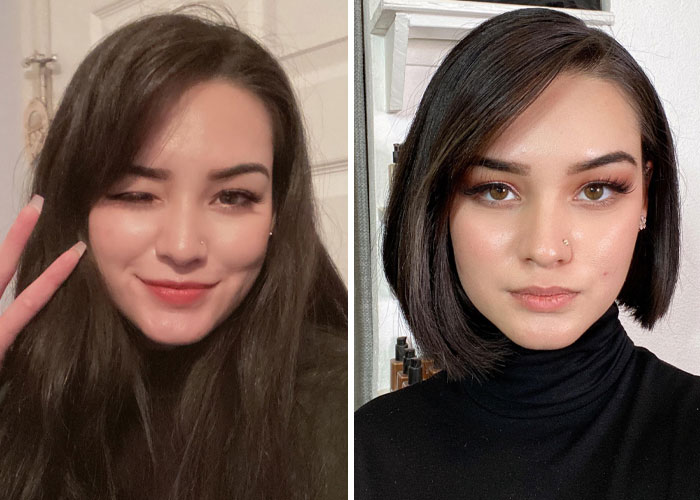 Before and after photos of a woman showing small appearance changes that made a big difference in her look.