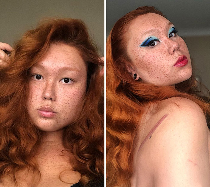 Side-by-side images of a woman with red hair showing small appearance changes with makeup and natural look.